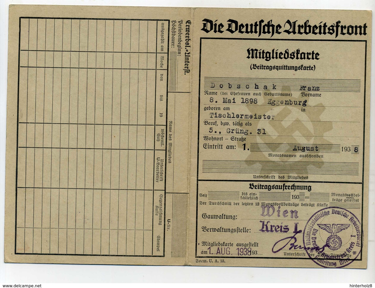 Ostmark; Mitgliedskarte Der Deutschen Arbeitsfront; Gau Wien, 1938 - Documenti