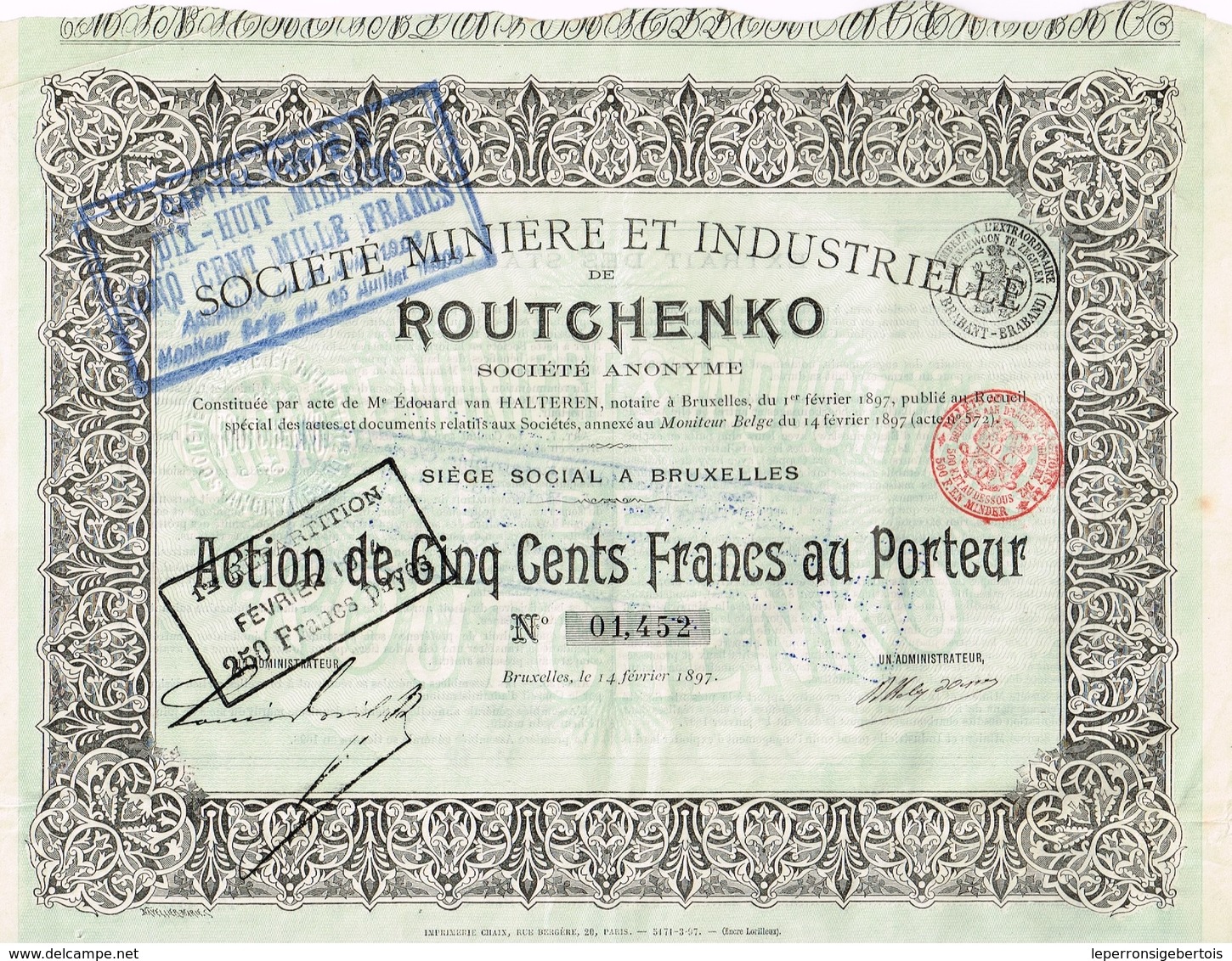 Ancien Titre - Société Minière Et Industrielle De Routchenko - Sté Anonyme  - Titre De 1897 - - Russie