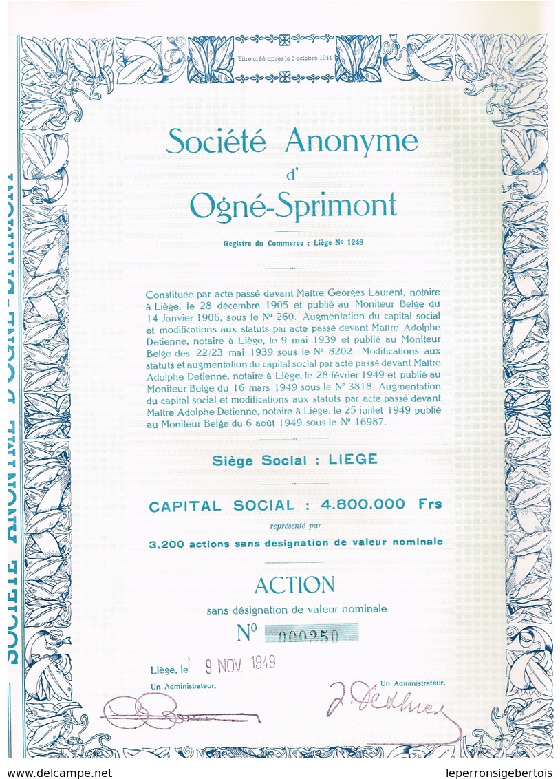 Ancien Titre - Société Anonyme D'Ogné-Sprimont - Titre De 1949 - - Mijnen