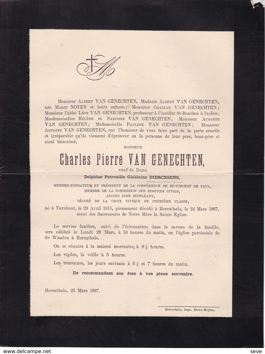 HERENTALS Charles-Pierre VAN GENECHTEN Veuf Delphine DIERCXSENS 1815-1887 Ancien Juge Né TURNHOUT - Décès