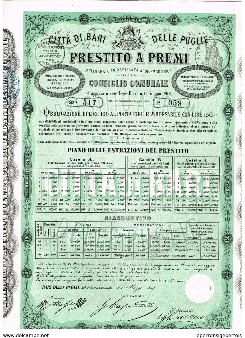 Obligation Ancienne -  Citta Di Bari Delle Puglie - Prestito A  Premi - Titulo De 1869 - - A - C