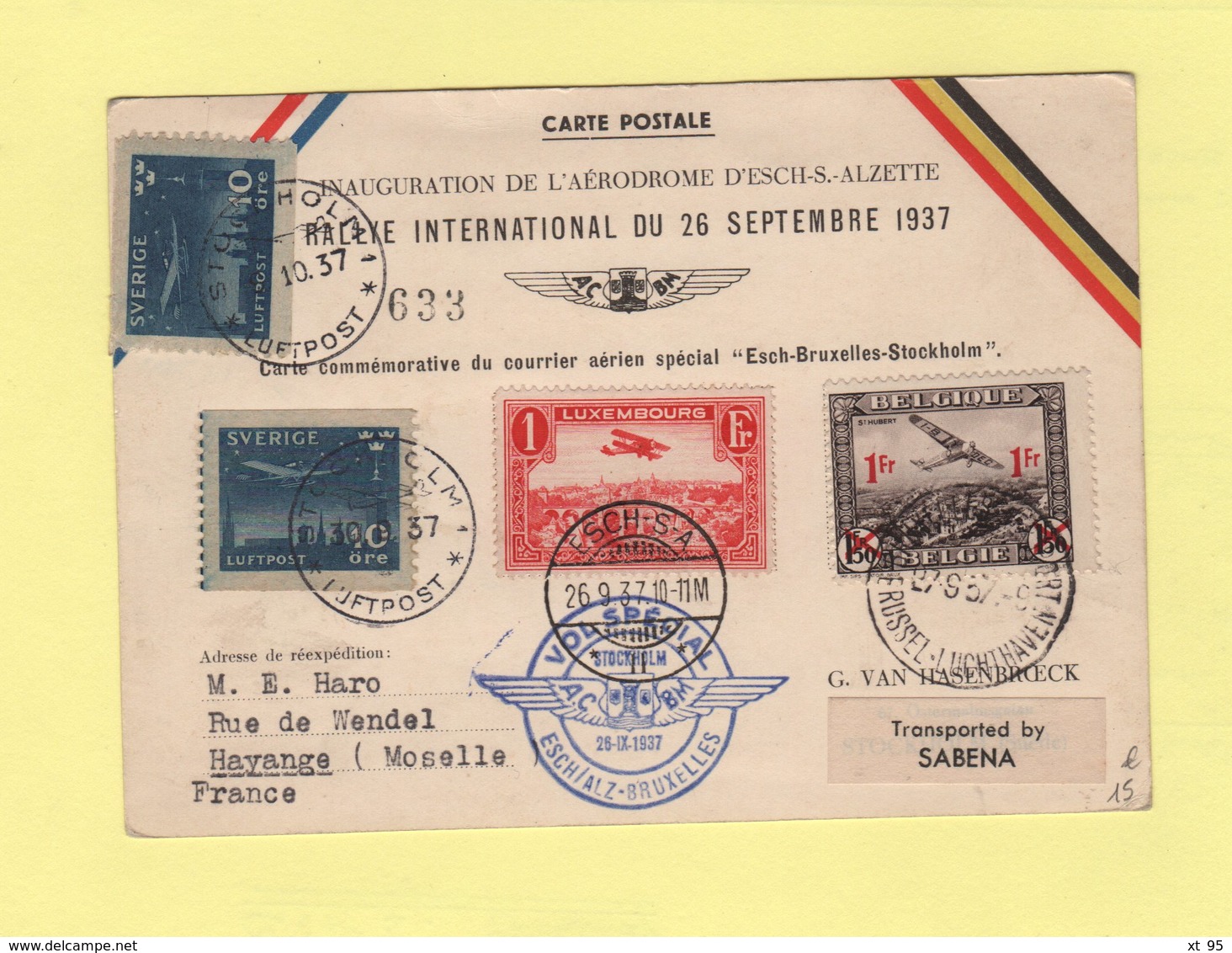 Luxembourg - Carte Commemorative Du Courrier Aerien Special Esch Bruxelles Stockholm - 1937 - Storia Postale