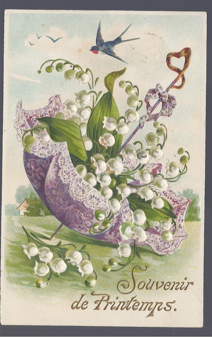 1914 SOUVENIR DE PRINTEMPS CARTE GAUFREE MUGUET PARAPLUIE UMBRELLA MEIKLOKJES - Autres & Non Classés