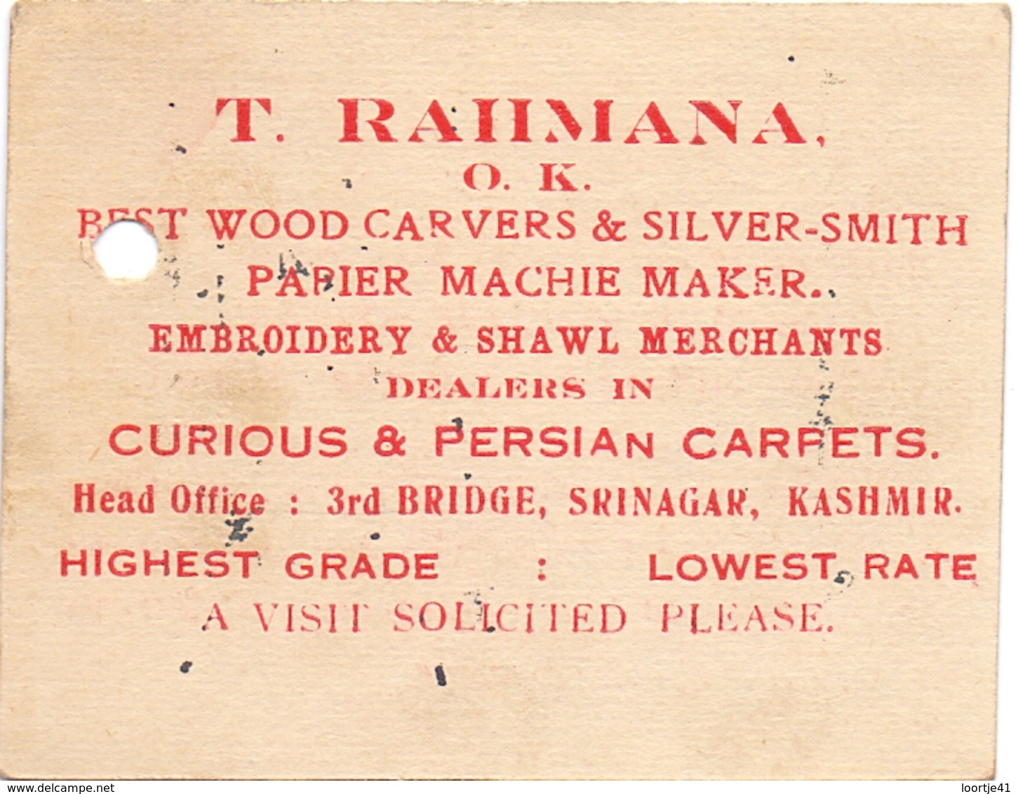 Visitekaartje - Carte Visite - Business Card - T. Rahmana - Wood Carvers - Silver Smith - Embroidery - Carpets - Kashmir - Cartes De Visite