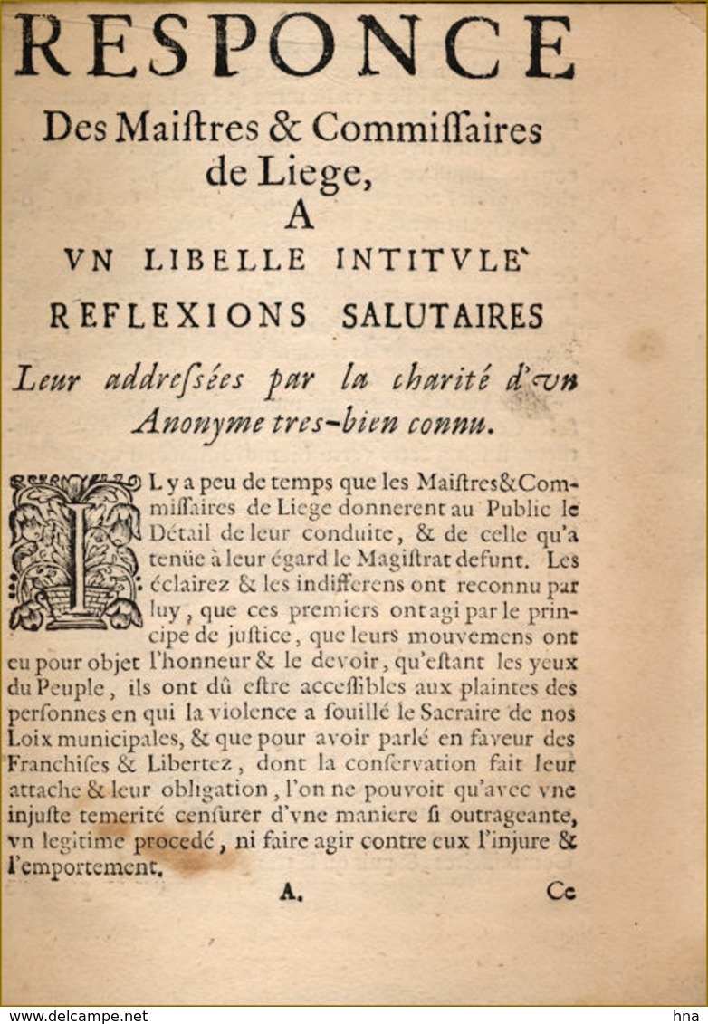 Polémique Liégeoise En 1678 - Tot De 18de Eeuw