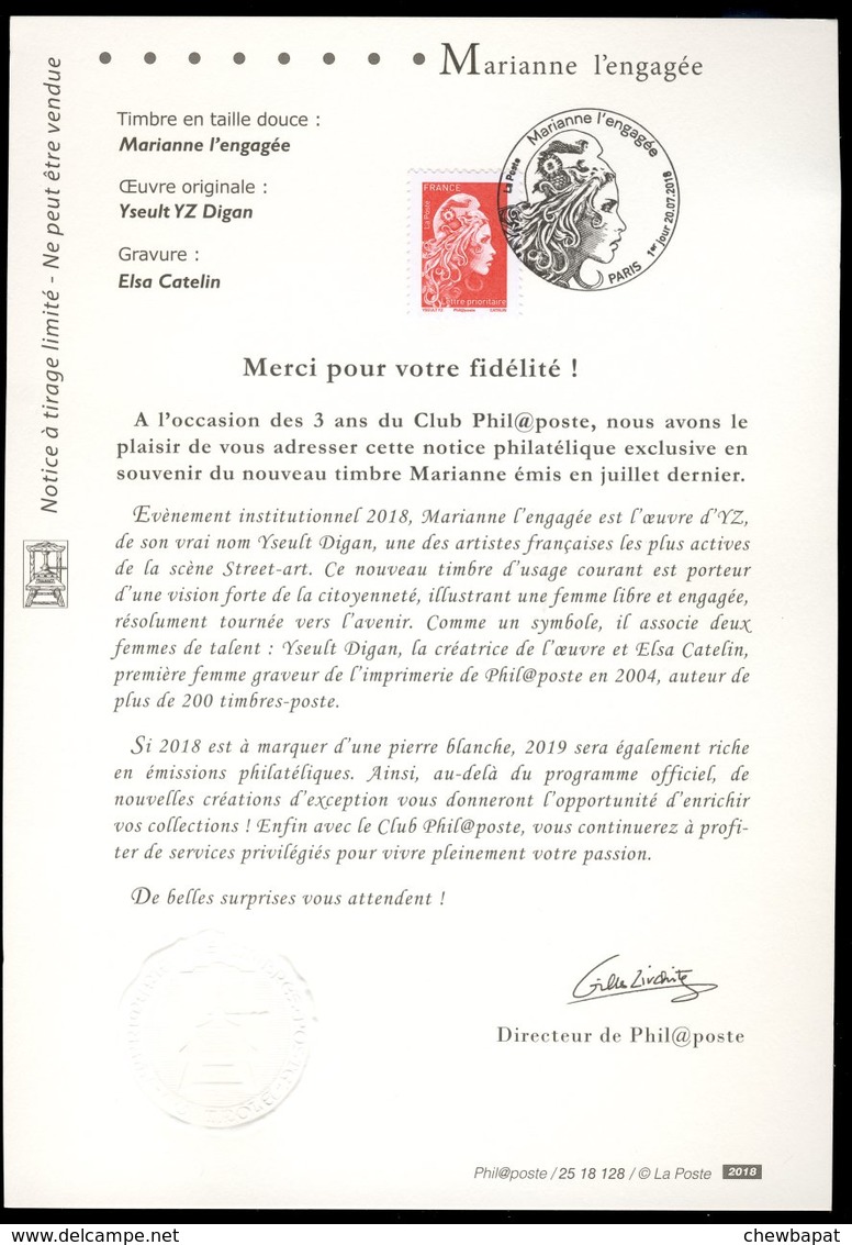 France 2018 - Phil@poste - Marianne L'Engagée - Notice 1er Jour 20.7.18  - Tirage Limité - Documents De La Poste