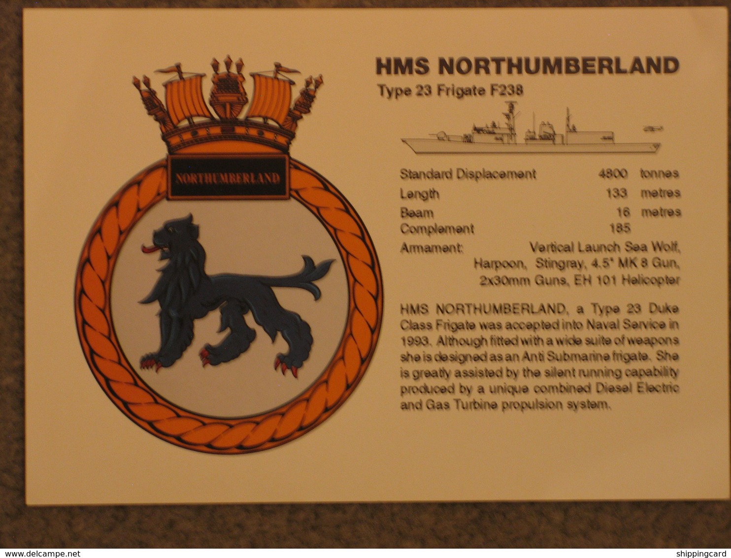 HMS NORTHUMBERLAND CREST CARD - Warships