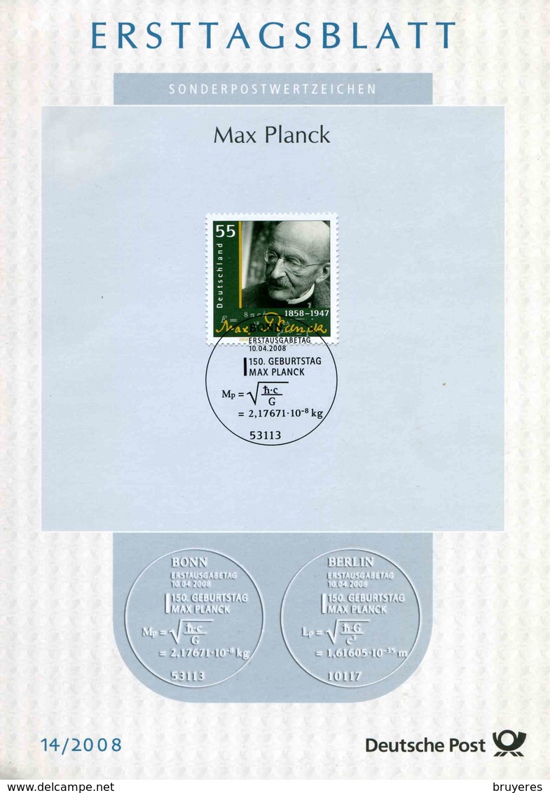 Fiche PJ De 2008 D'ALLEMAGNE Avec Timbre "Max PLANCK, Prix Nobel De Physique En 1918" Oblit. PJ 10.04.2008 - Lettres & Documents