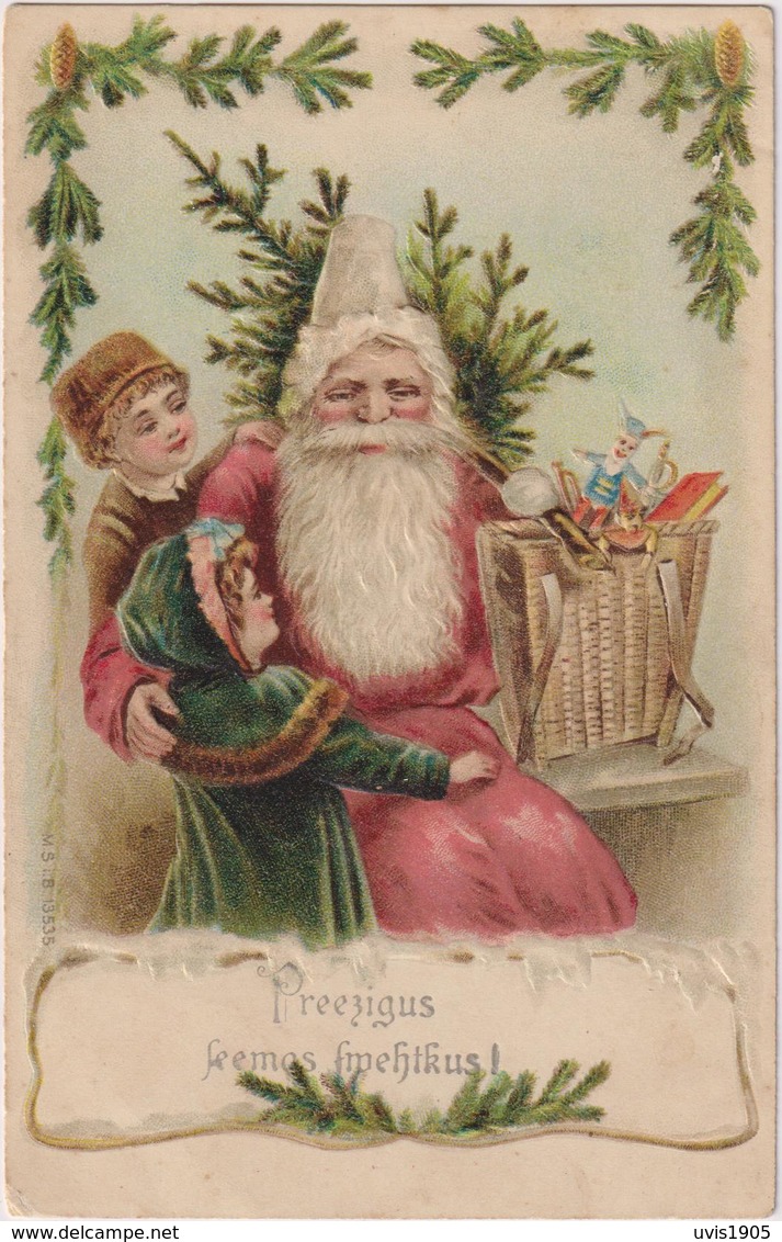 Santa Claus In Red Robe With Gifts And Kids.Embossed Pc. - Santa Claus