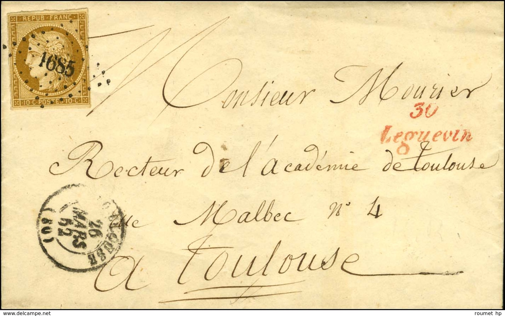 PC 1685 / N° 1 Càd T 15 TOULOUSE (30) Cursive Rouge 30 / Leguevin Sur Lettre Avec Texte Daté De Brax Le 25 Mars 1852. Ex - 1849-1850 Ceres