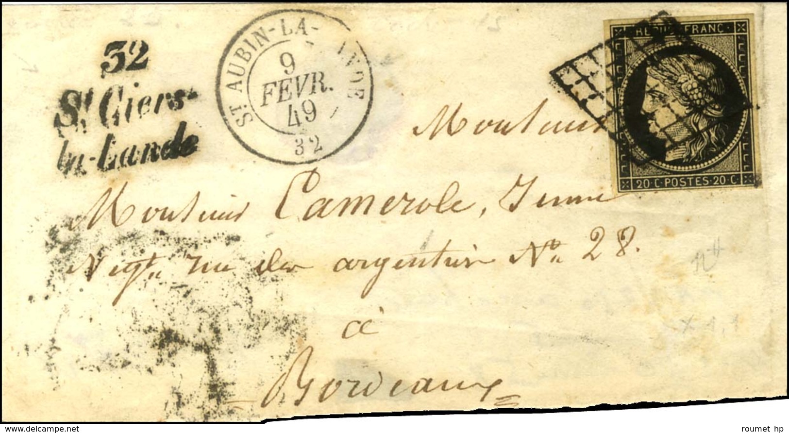 Grille / N° 3 Càd T 15 ST AUBIN-LA-LANDE. Cursive 32 / St Ciers / La-Lande Sur Devant De Lettre Pour Bordeaux. 1849. - T - 1849-1850 Ceres