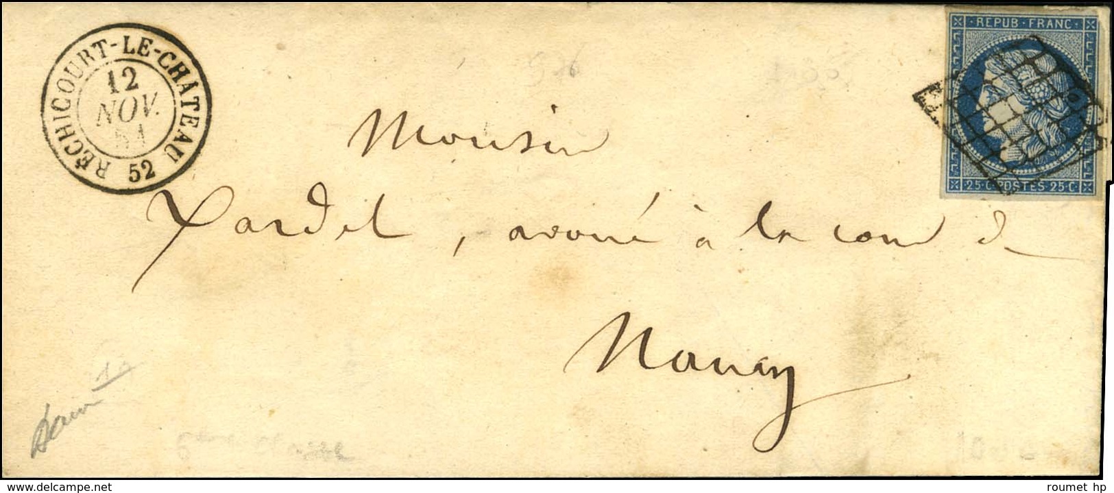 Grille / N° 4 (pd) Càd T 15 RECHICOURT-LE-CHATEAU 52 Sur Lettre Pour Nancy. 1851. - TB / SUP. - 1849-1850 Ceres