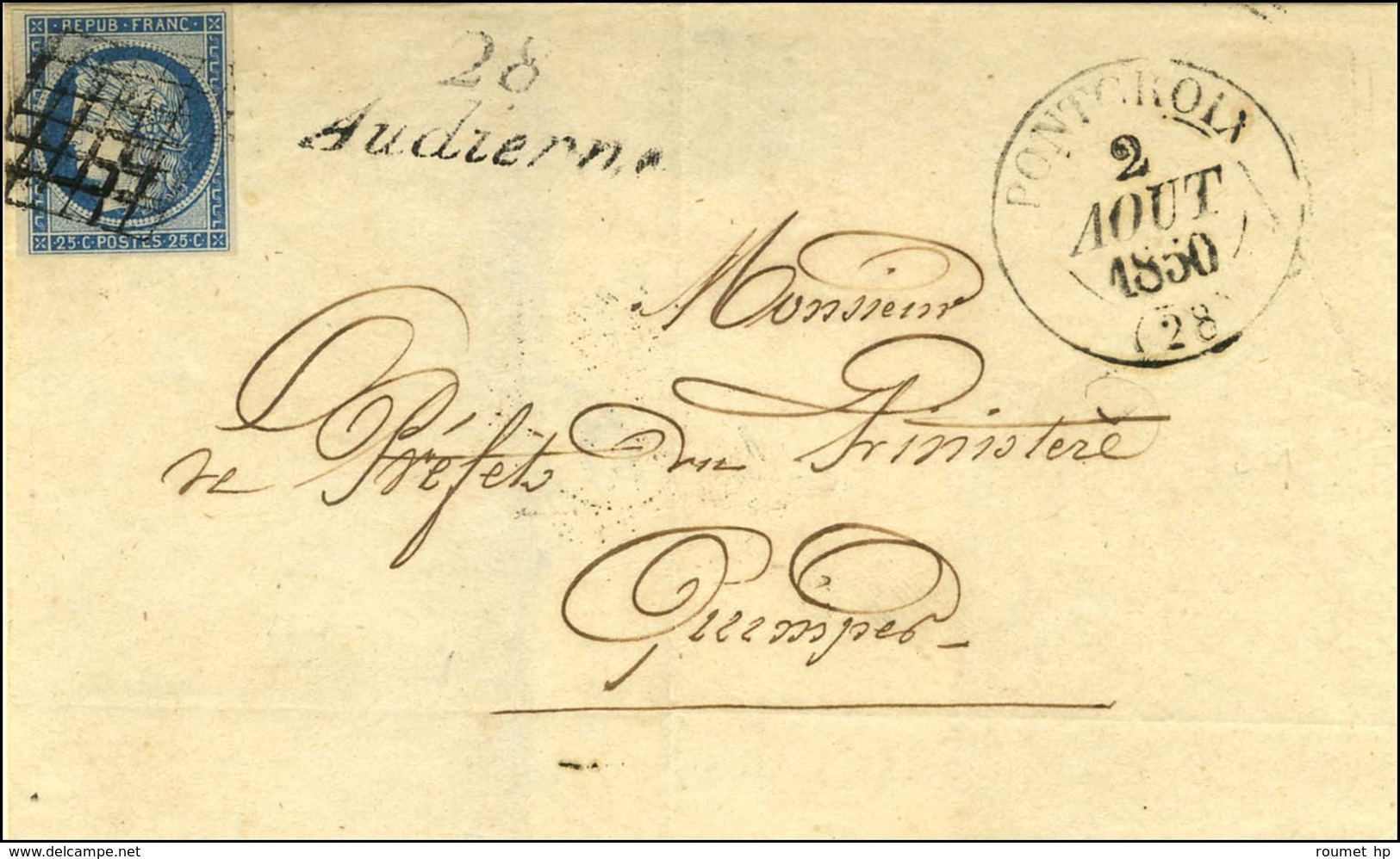 Grille / N° 4 Càd T 13 PONTCROIX (28) Cursive 28 / Audierne Sur Lettre Pour Quimper. 1850. - SUP. - R. - 1849-1850 Cérès