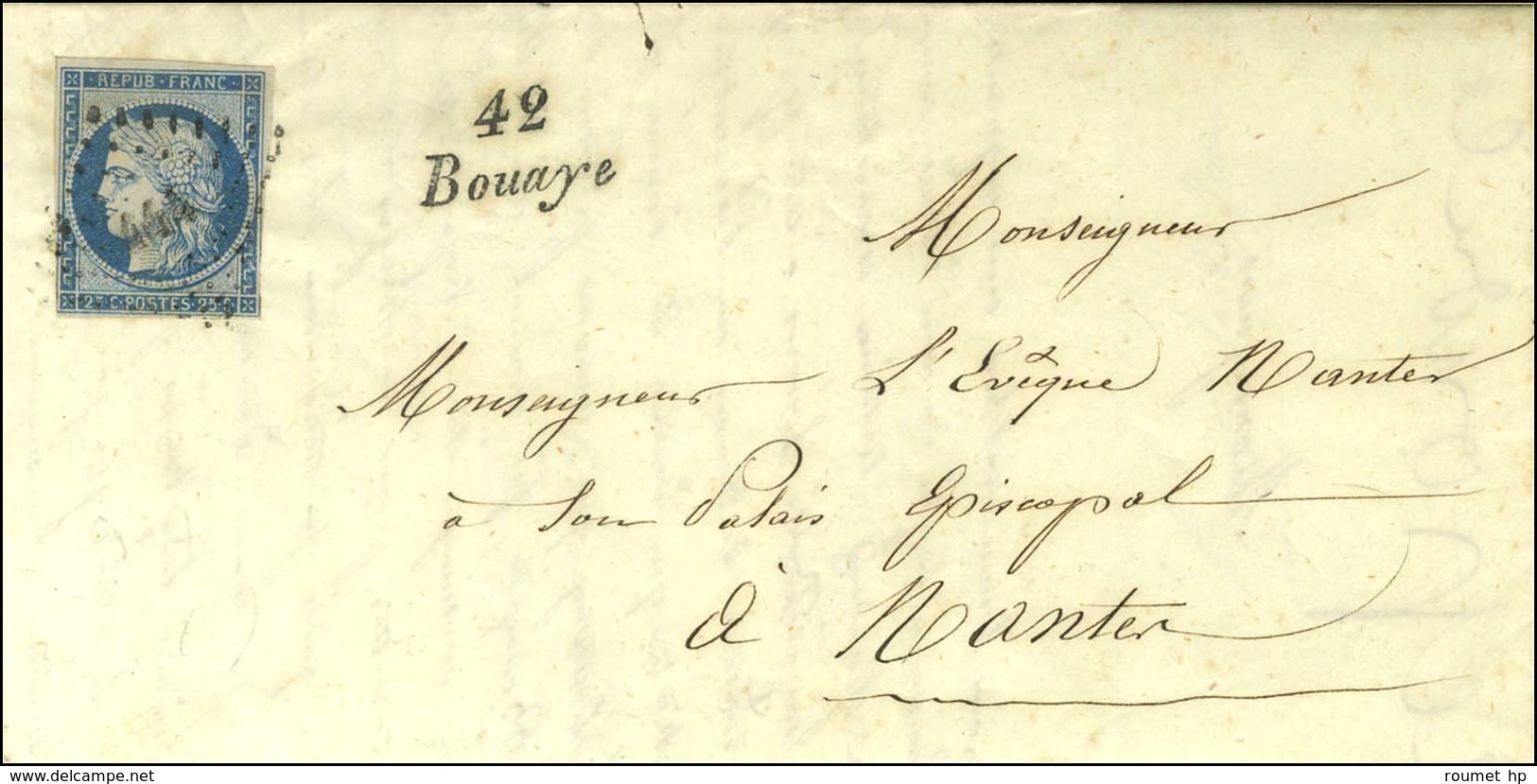 PC 444 / N° 4 (leg Def) Cursive 42 / Bouayé (rare) Sur Lettre Avec Texte Pour Nantes. 1852. - TB / SUP. - R. - 1849-1850 Cérès