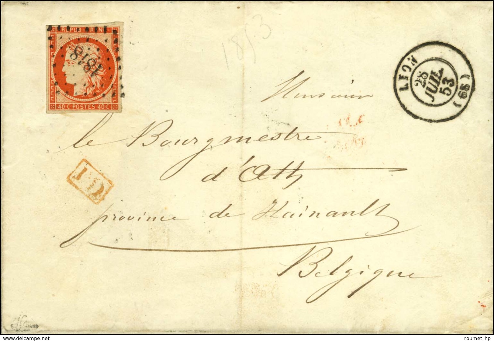 PC 1818 / N° 5 Càd T 15 LYON (68) Sur Lettre Pour La Belgique. 1853. - TB / SUP. - R. - 1849-1850 Ceres