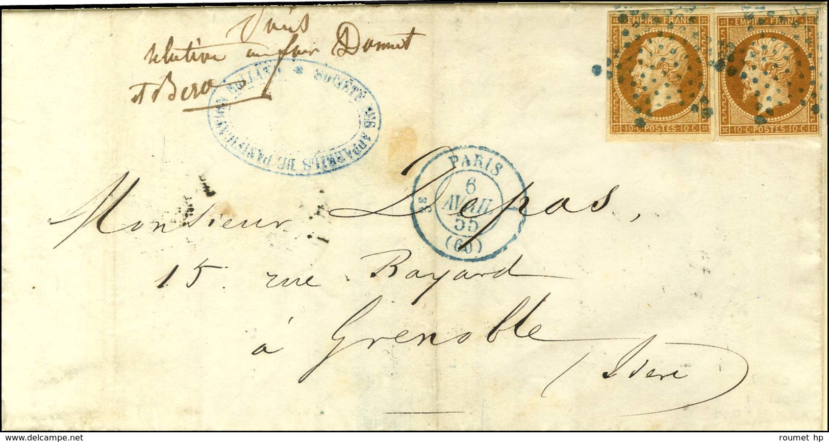 Etoile Bleue / N° 13 Bistre Orangé (2) Càd Bleu 3e PARIS 1 (60). 1855. Très Rare Combinaison Sur Lettre Territoriale. -  - 1853-1860 Napoléon III