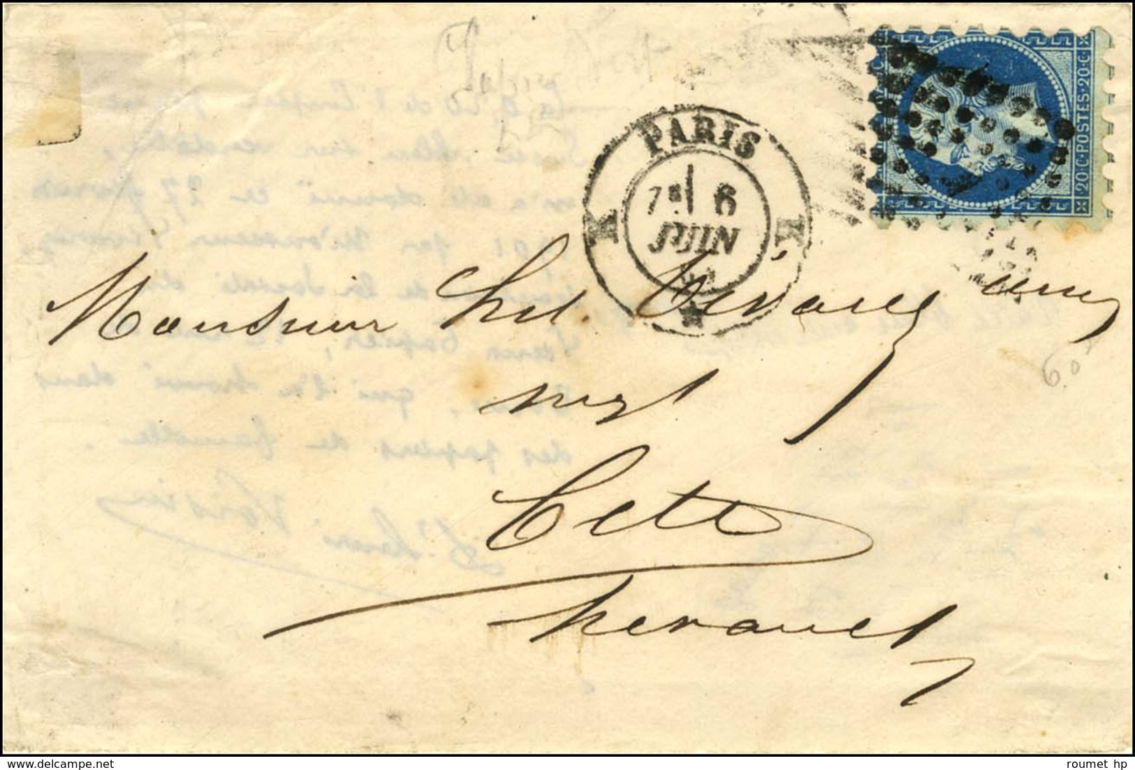 Losange K / N° 14 Type II Bleu Sur Vert Piquage Susse Càd K PARIS K Sur Devant De Lettre Pour Cette. 1861. - TB / SUP. - - 1853-1860 Napoleone III