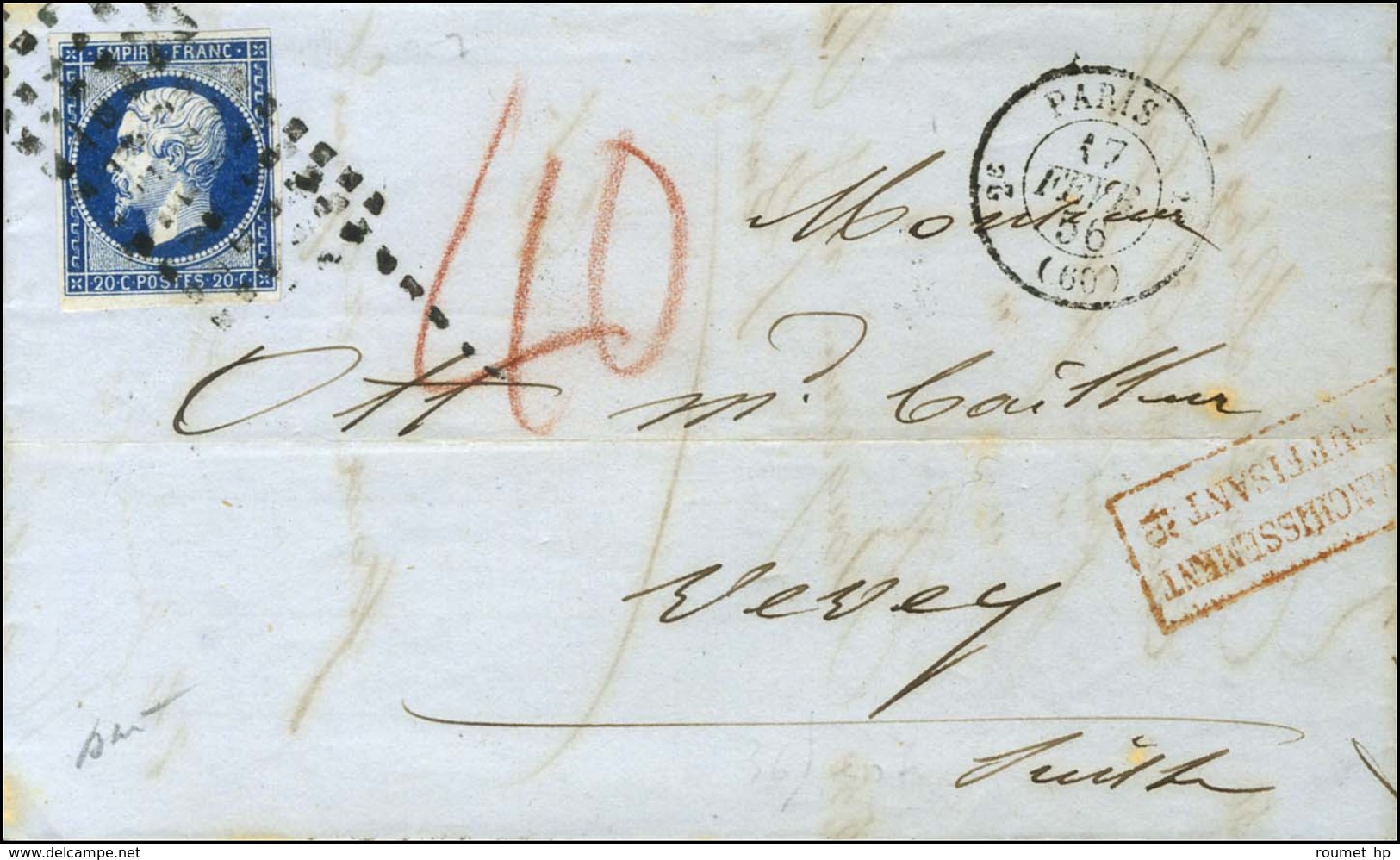 Rouleau De Gros Points / N° 14 Càd PARIS (60) Sur Lettre Insuffisamment Affranchie Pour Vevey Taxée 40. 1856. - TB / SUP - 1853-1860 Napoléon III