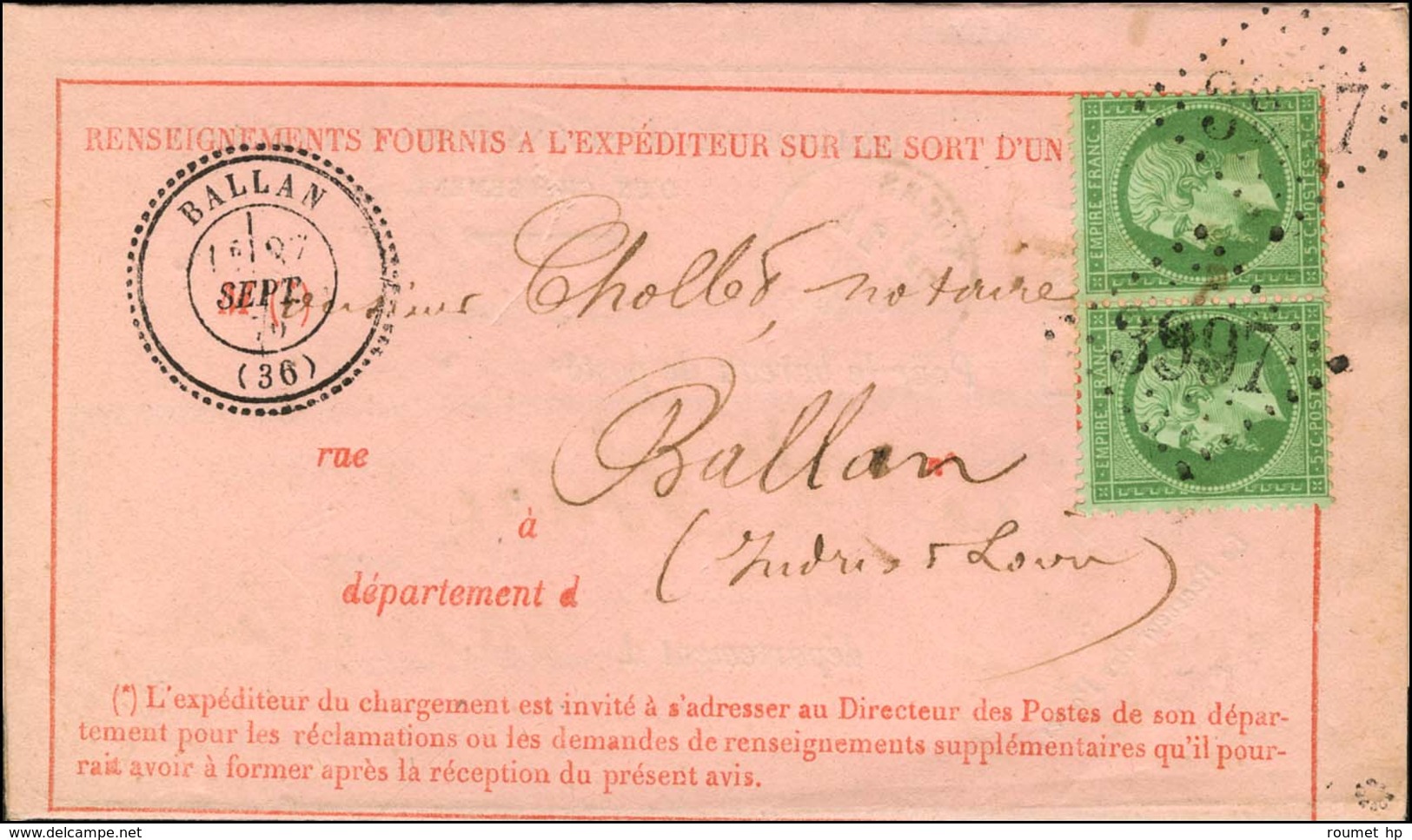GC 3997 / N° 20 Paire Càd T 24 BALLAN (36) Sur Avis De Réception. 1870. - SUP. - 1862 Napoléon III