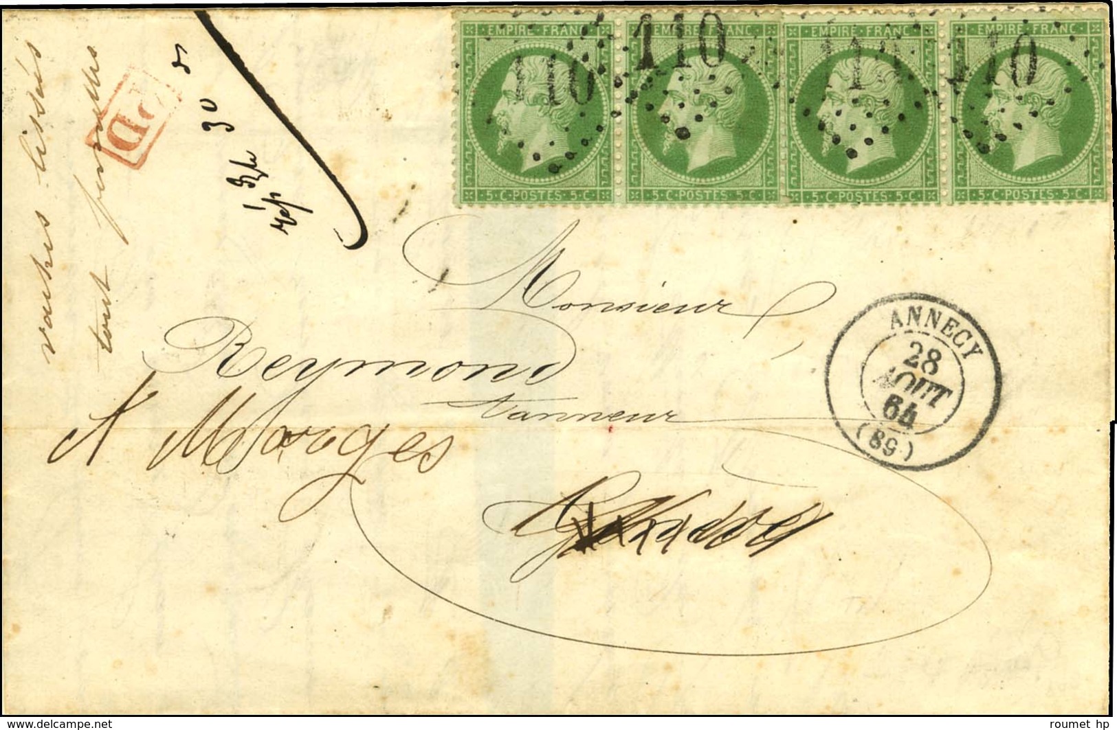 GC 110 / N° 20 Bande De 4 Càd T 15 ANNECY (89) Sur Lettre Adressée Au Tarif Frontalier Pour Genève Réexpédiée à Morges.  - 1862 Napoléon III