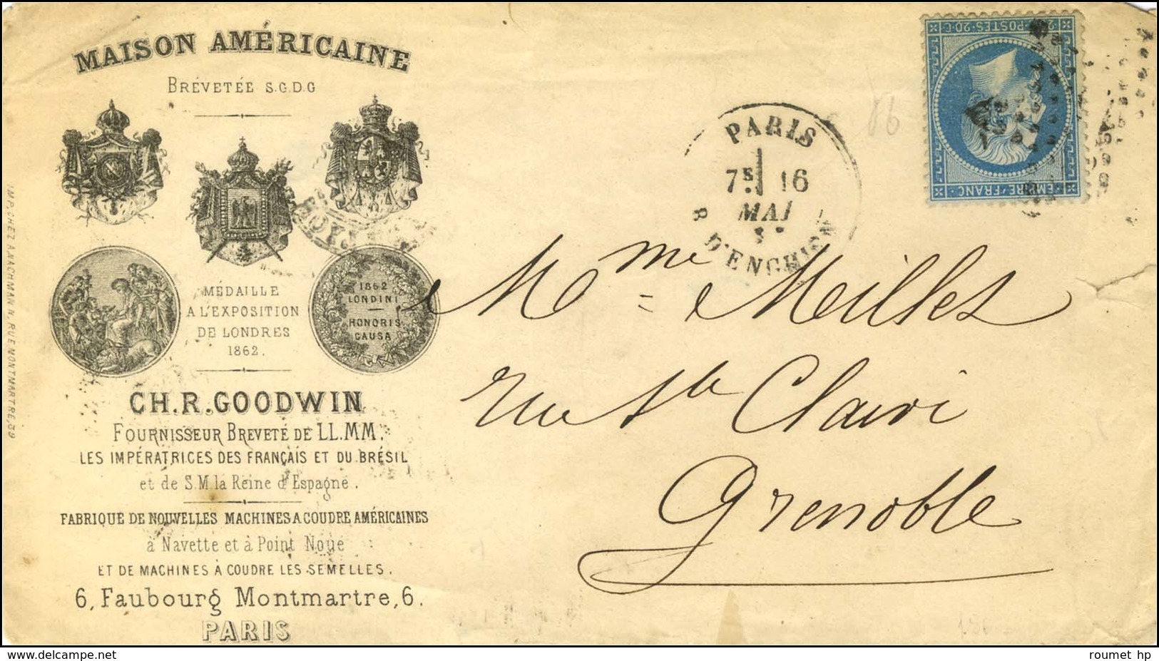 Etoile 4 / N° 22 Càd PARIS / R. D'ENGHIEN Sur Enveloppe Illustrée Maison Américaine. 1867. - TB. - 1862 Napoléon III