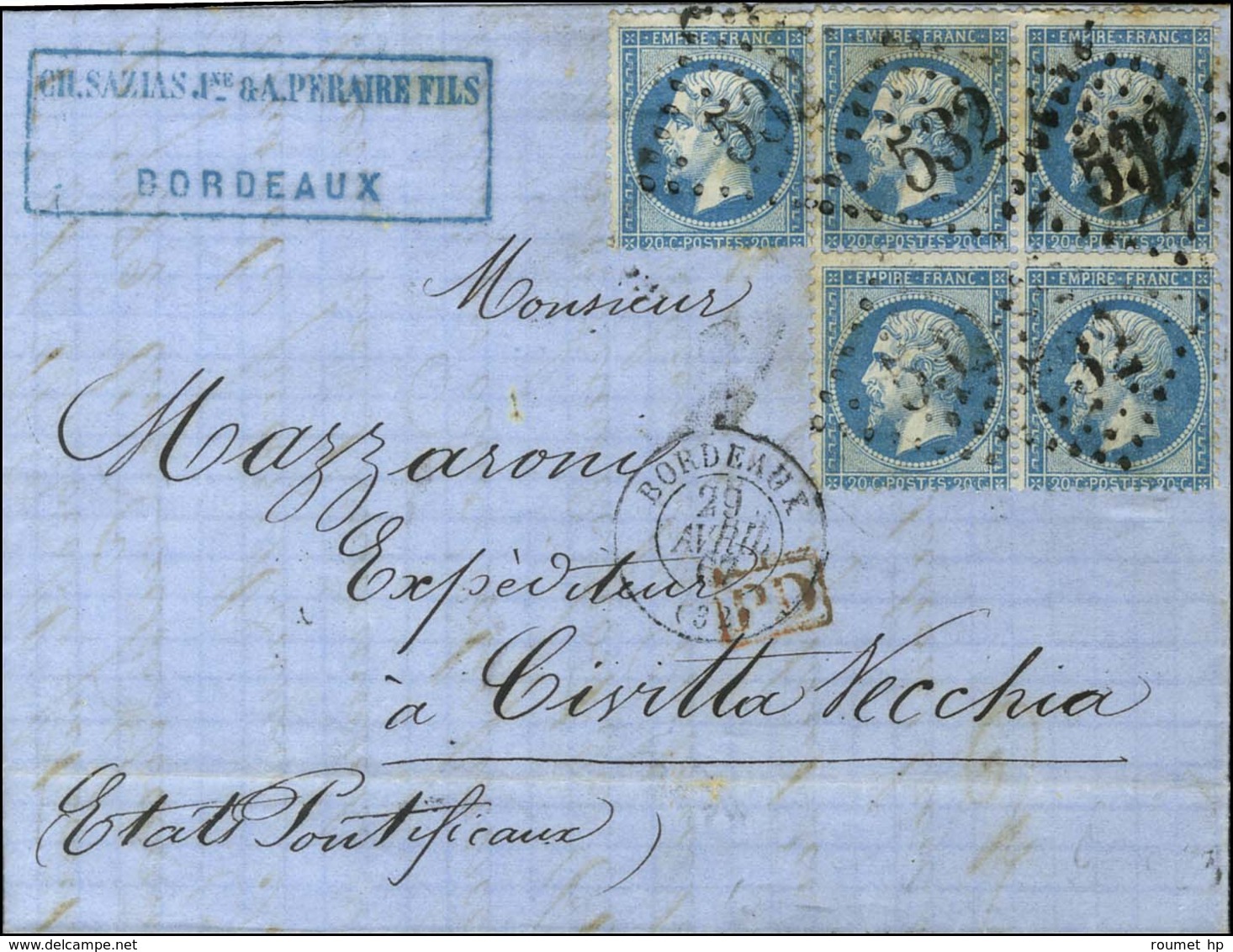 GC 532 / N° 22 Bloc De 5 Càd T 15 BORDEAUX (32) Sur Lettre Pour Civita Vecchia. 1867. - TB / SUP. - 1862 Napoléon III
