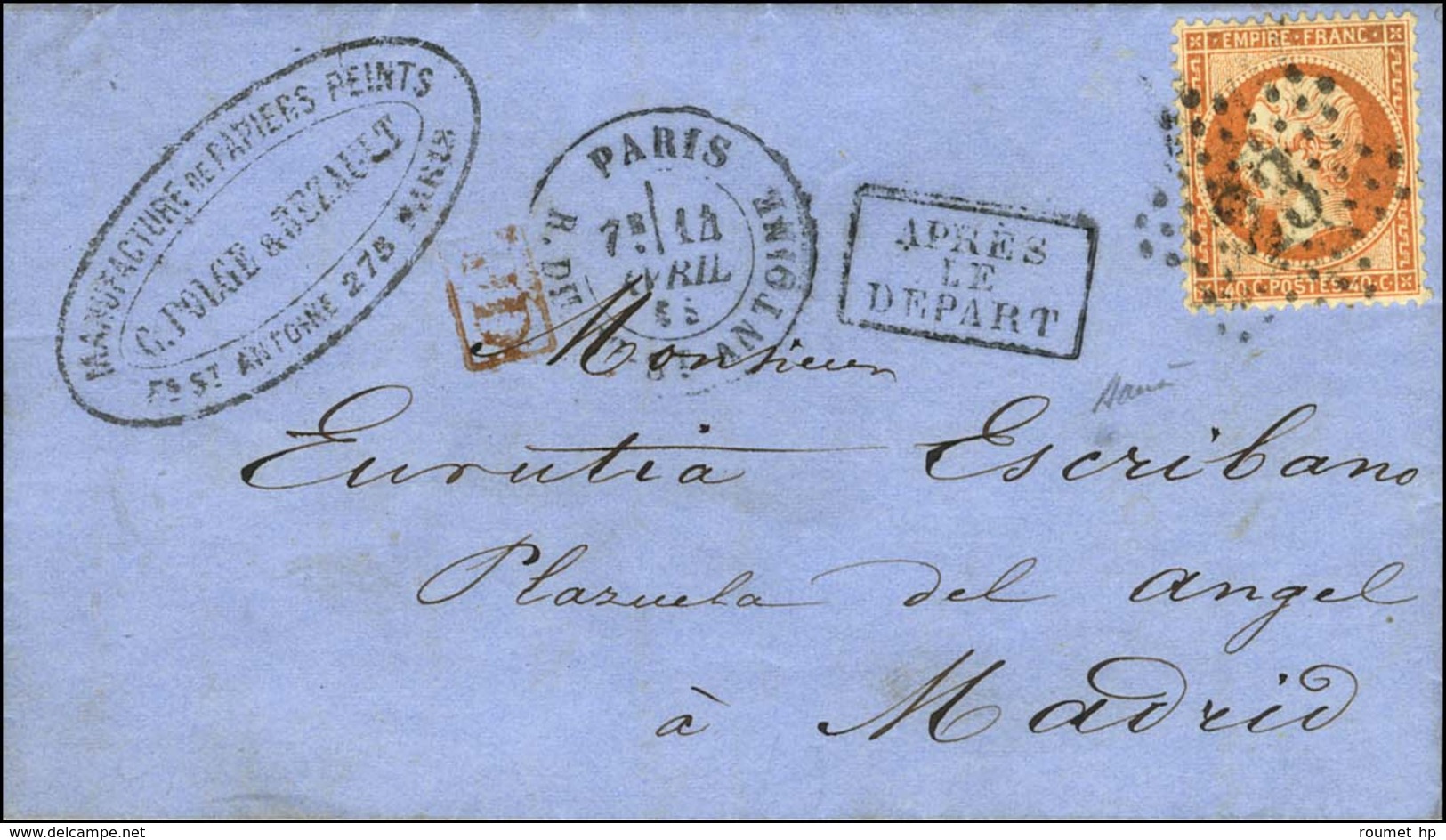 Etoile 23 Tronquée / N° 23 Càd PARIS / R. DU Fg St ANTOINE Sur Lettre Pour Madrid. 1865. - TB / SUP. - R. - 1862 Napoléon III
