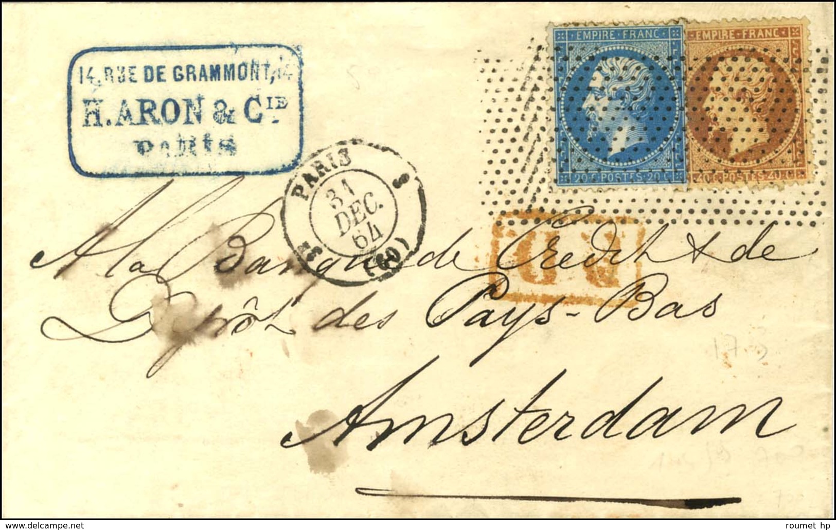 Roulette De Pointillés / N° 22 + 23 Càd PARIS (60) Sur Lettre Pour Amsterdam. 1864. - SUP. - 1862 Napoleone III