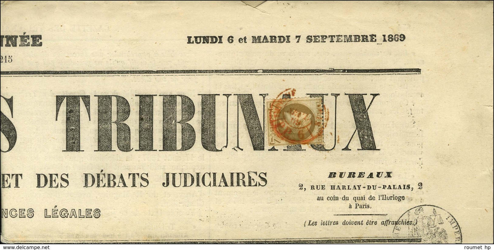 Cachet Rouge Des Imprimés PARIS PP / N° 27 Sur Journal Entier GAZETTE DES TRIBUNAUX Daté 6 Et 7 Septembre 1869. - TB / S - 1863-1870 Napoléon III Lauré