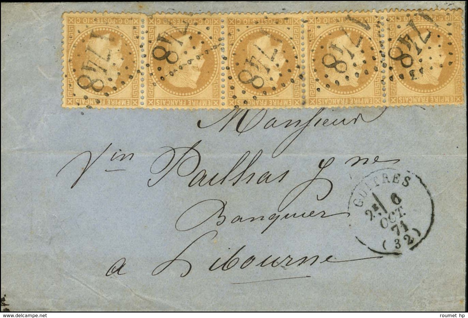 GC 1748 / N° 28 (5) (1 Ex Def) Càd T 16 GUITRES Sur Lettre Pour Libourne. 1871. - TB. - 1863-1870 Napoléon III Lauré