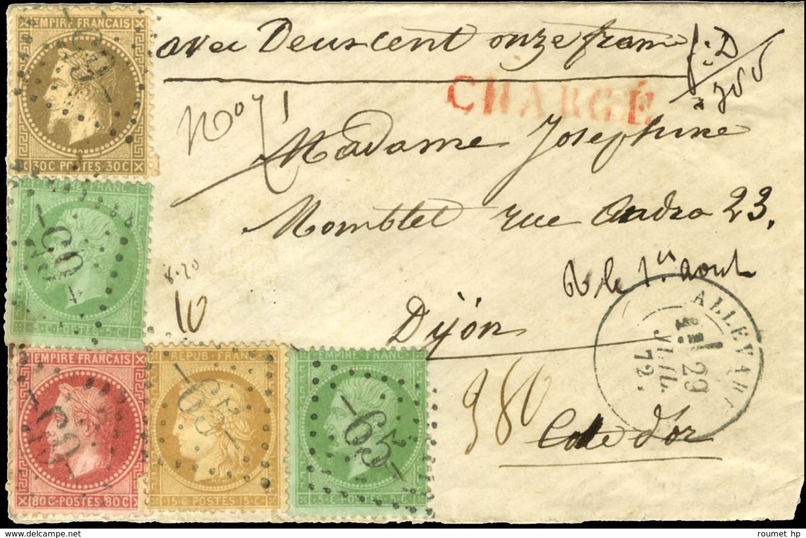 GC 65 / N° 20 (2) + 30 + 32 + 59 Càd T 17 ALLEVARD (37) Sur Lettre Chargée Pour Dijon. 1872. Bel Affranchissement Quadri - 1863-1870 Napoleone III Con Gli Allori