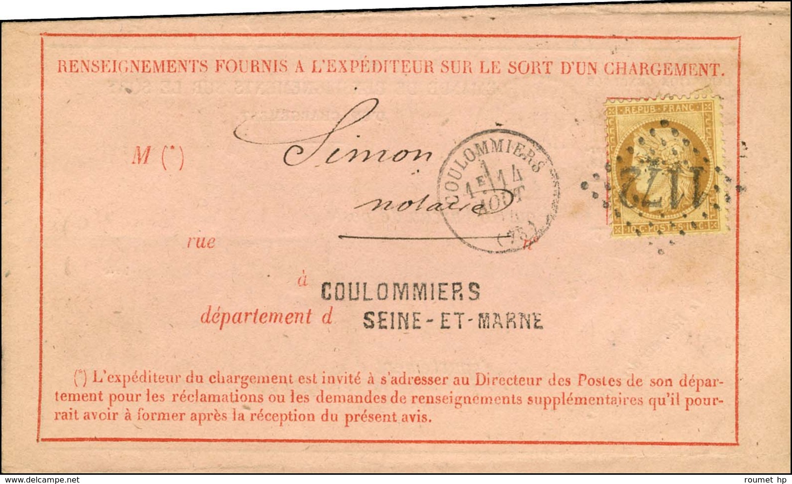 GC 1172 / N° 36 Càd T 16 COULOMMIERS Sur Avis De Réception. 1871. - TB / SUP. - 1870 Belagerung Von Paris