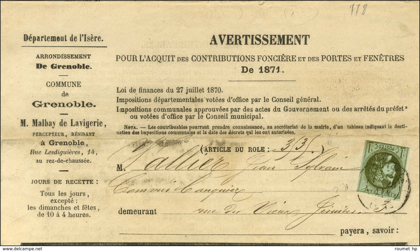 Càd T 17 GRENOBLE (37) / N° 39 Sur Avertissement Avec Papillon Violet Du Gouvernement De La Défense Nationale. 1871. - T - 1870 Emission De Bordeaux