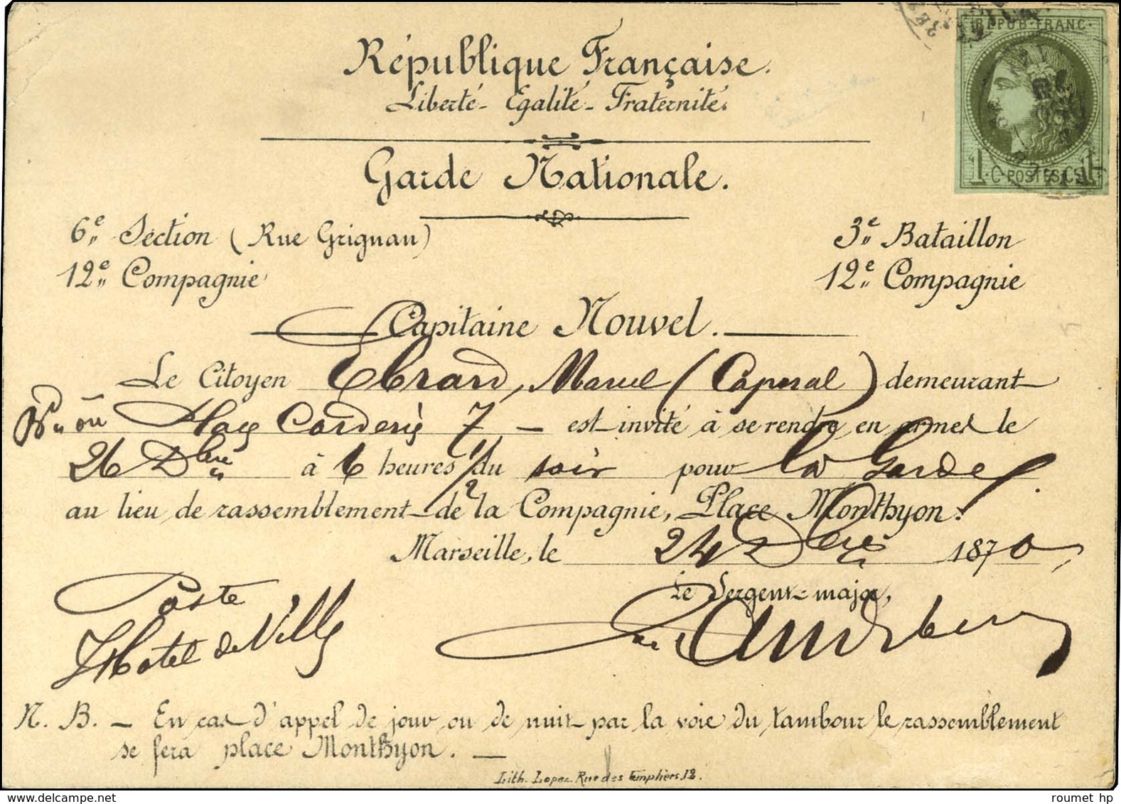 Càd T 17 MARSEILLE (12) 24 DEC. 70 / N° 39 Sur Carte Imprimée De La Garde Nationale. - TB / SUP. - RR. - 1870 Bordeaux Printing