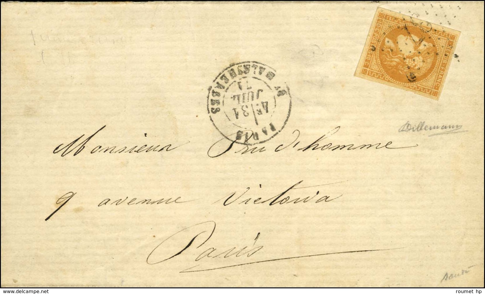 Etoile 37 / N° 43 Bistre Orange Càd PARIS / BT MALESHERBES Sur Lettre Locale. 1871. - TB / SUP. - R. - 1870 Bordeaux Printing
