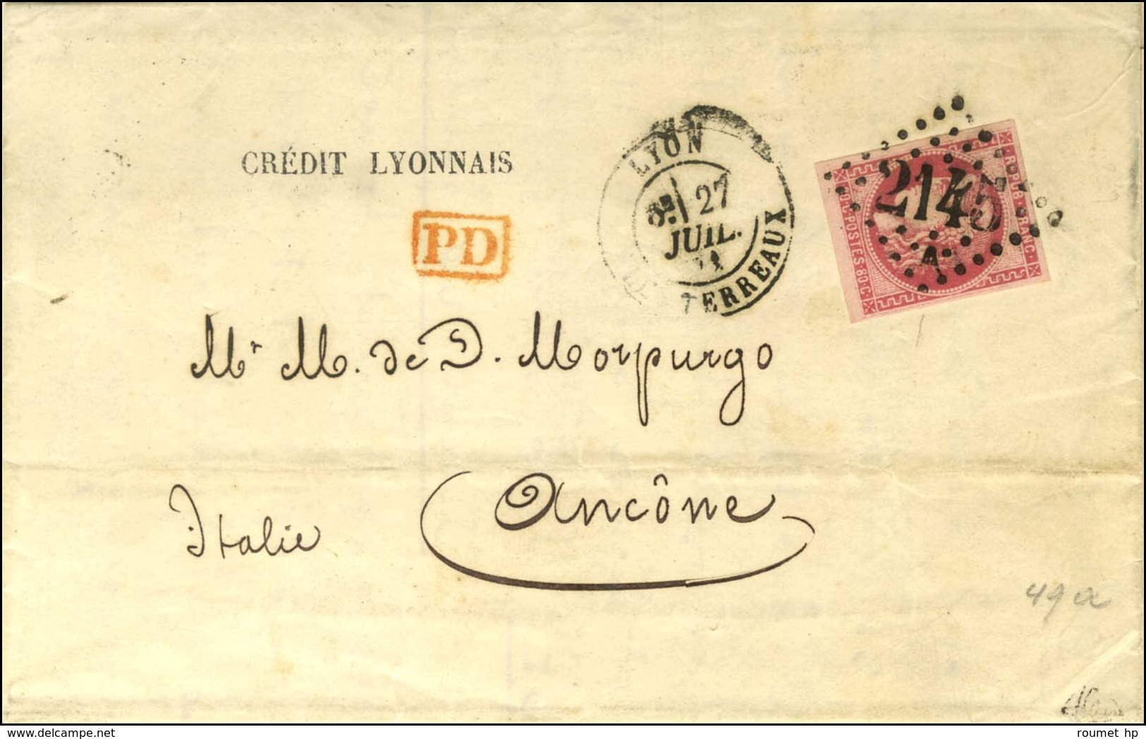 GC 2145 A / N° 49 Càd LYON / LES TERREAUX Sur Lettre 2 Ports Pour L'Italie. 1871. - TB. - R. - 1870 Ausgabe Bordeaux