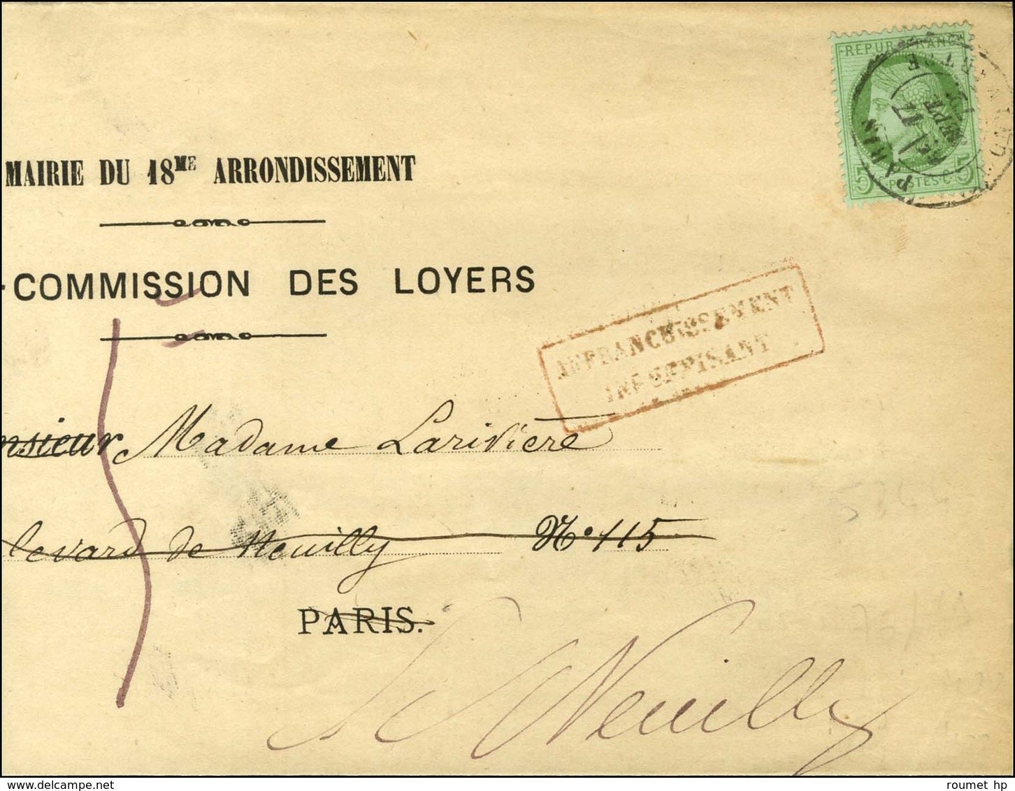 Càd PARIS / MONTMARTRE / N° 53 Sur Imprimé Local Réexpédié à Neuilly Taxé 5. 1872. - TB. - 1871-1875 Cérès