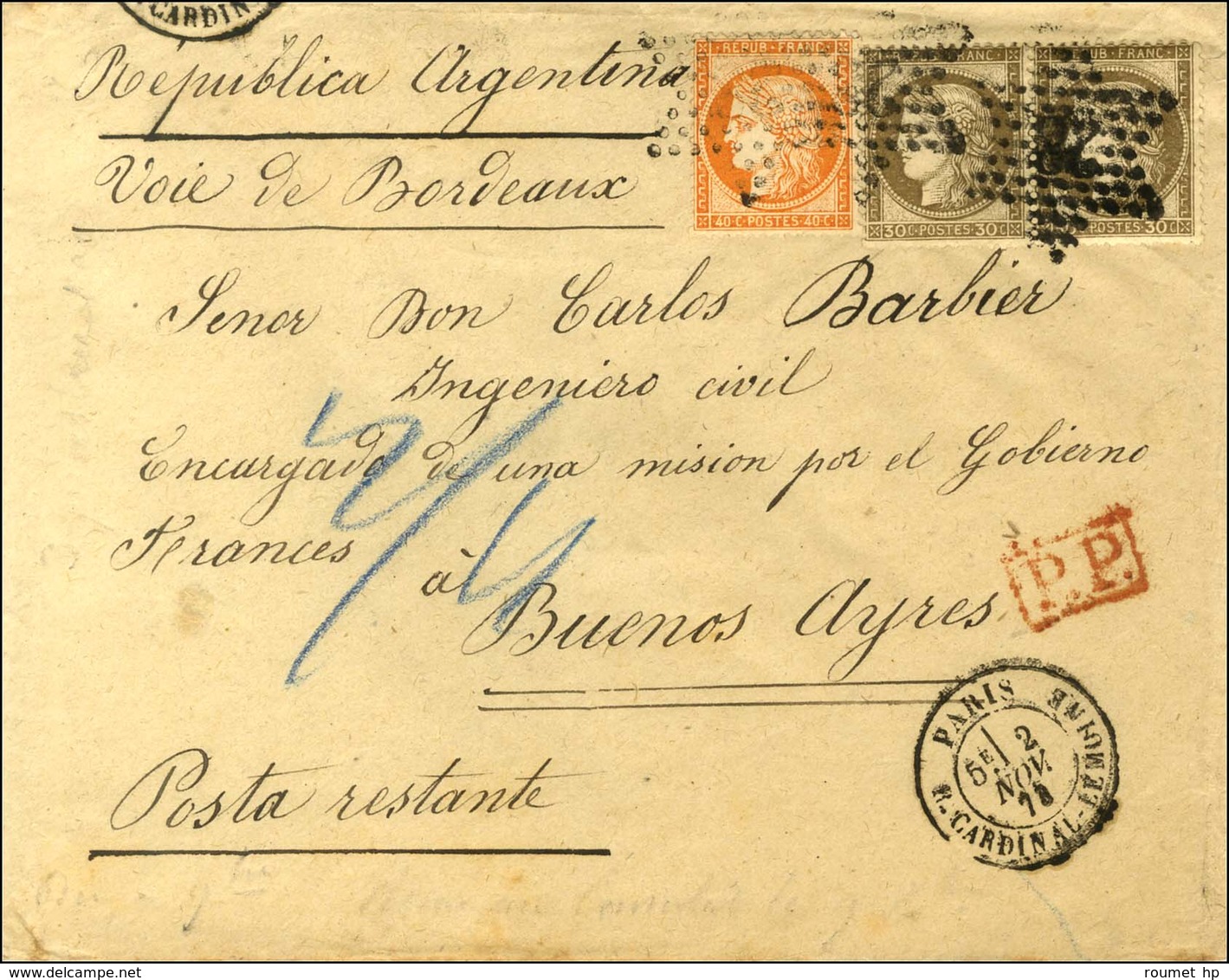 Etoile 28 / N° 38 + 56 Paire Càd PARIS / R. CARDINAL LEMOINE Sur Lettre Pour Le Consulat De France à Buenos Ayres. 1874. - 1871-1875 Cérès