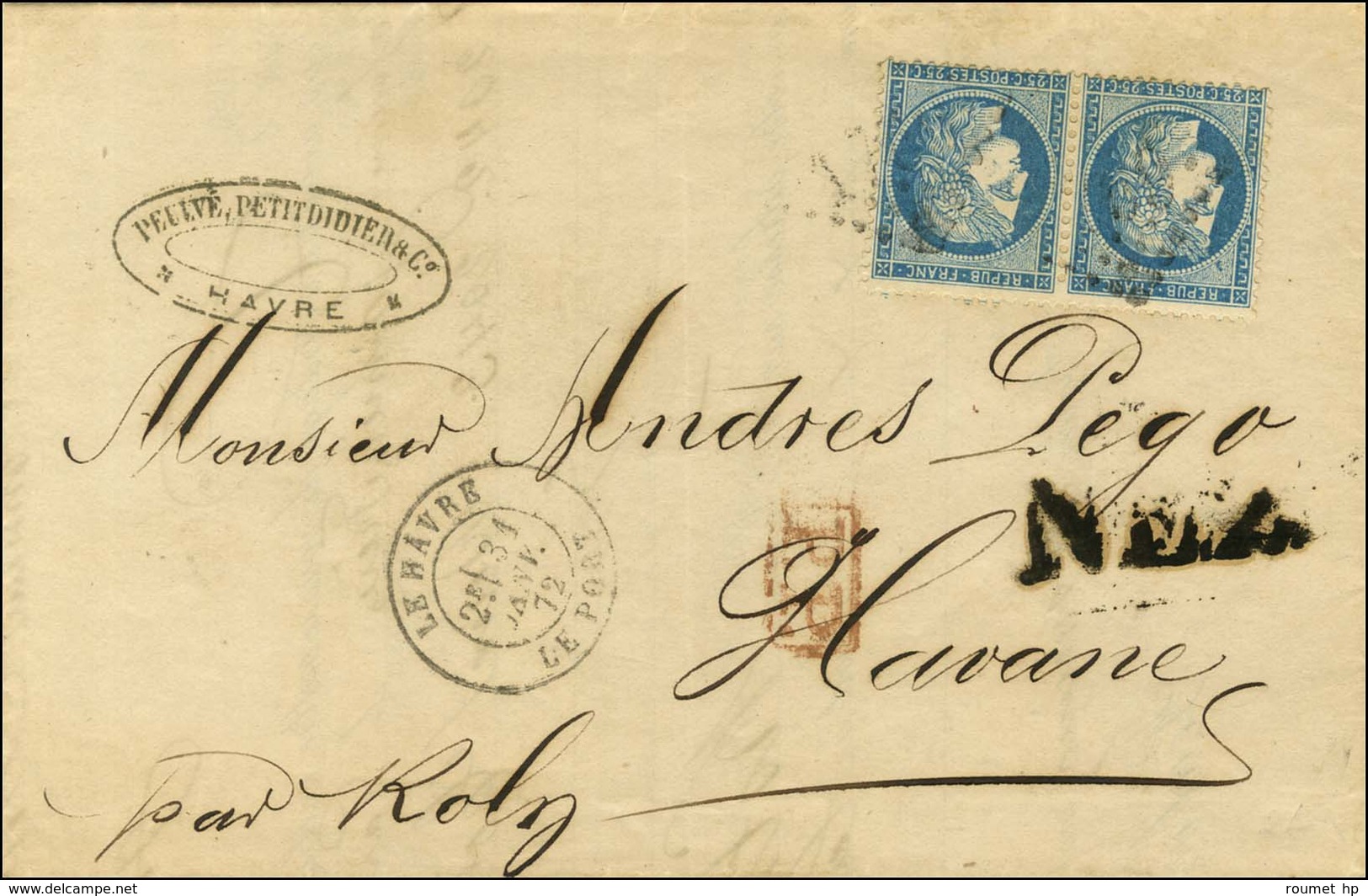 GC 1769 / N° 60 Paire Càd LE HAVRE / LE PORT Sur Lettre Pour La Havane Au Tarif Des Bâtiments De Commerce. 1872. - TB. - 1871-1875 Cérès