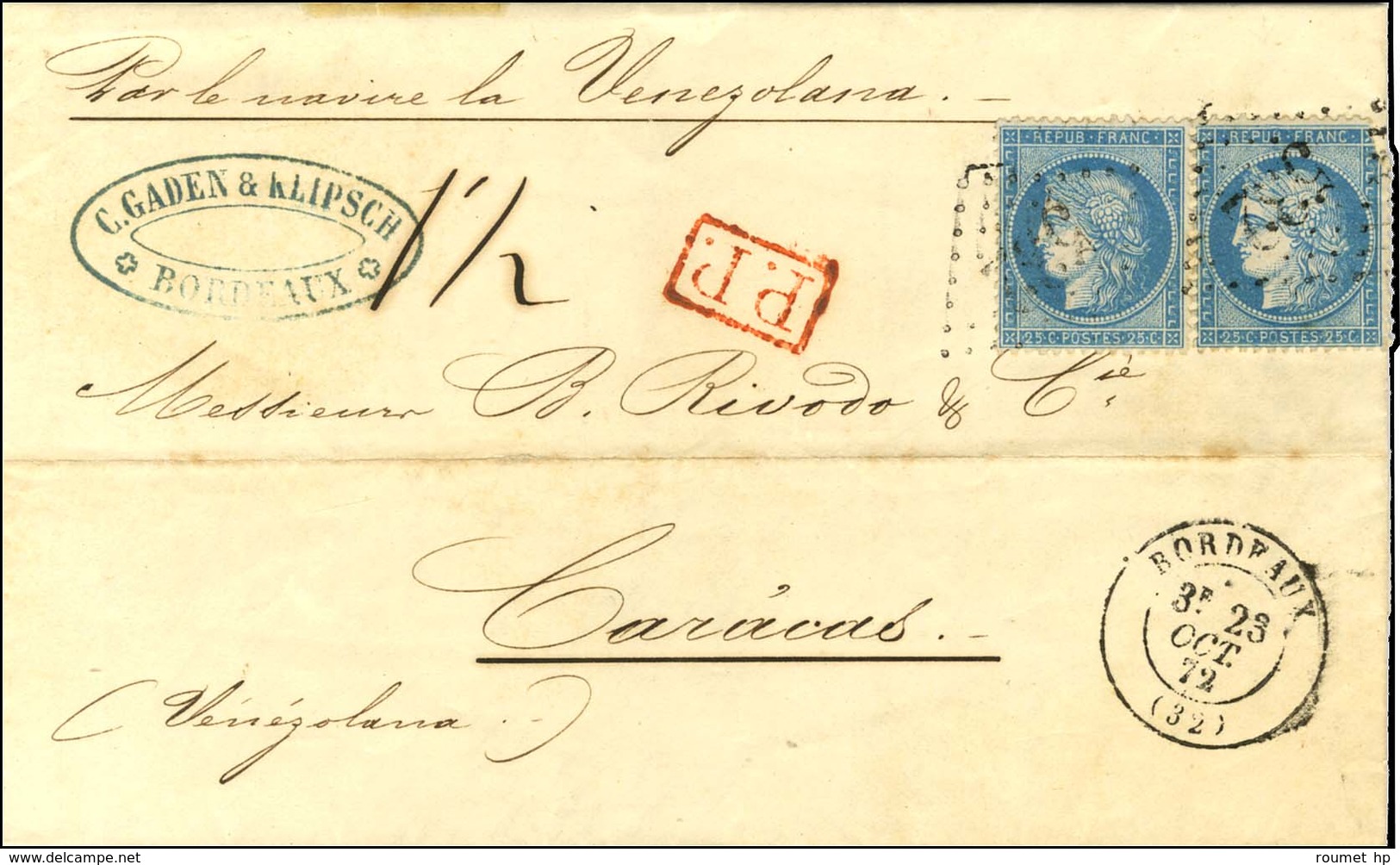 GC 532 / N° 60 Paire, 1 Ex. Pd Càd T 17 BORDEAUX (32) Sur Lettre Pour Caracas Par La Voie De St Nazaire, Au Recto Taxe 1 - 1871-1875 Cérès