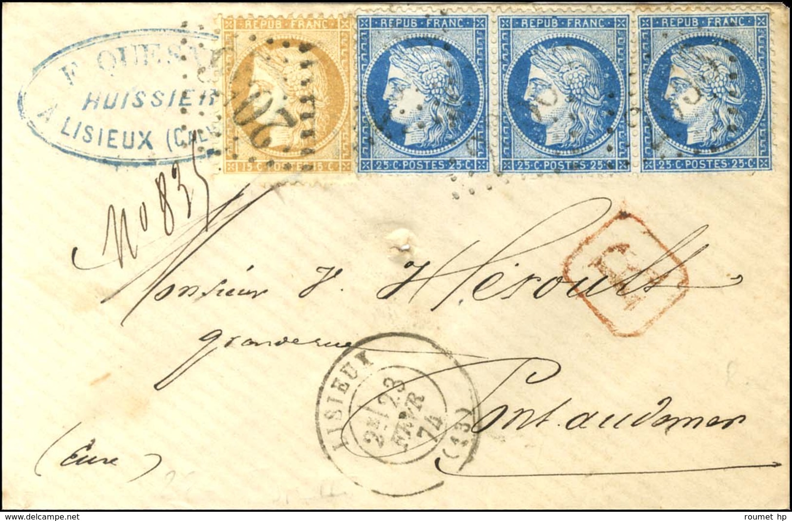 GC 2056 / N° 59 + 60 Type 2 Bande De 3 Càd T 17 LISIEUX (13) Sur Lettre Recommandée Pour Pont Audemer. 1874. - TB / SUP. - 1871-1875 Ceres