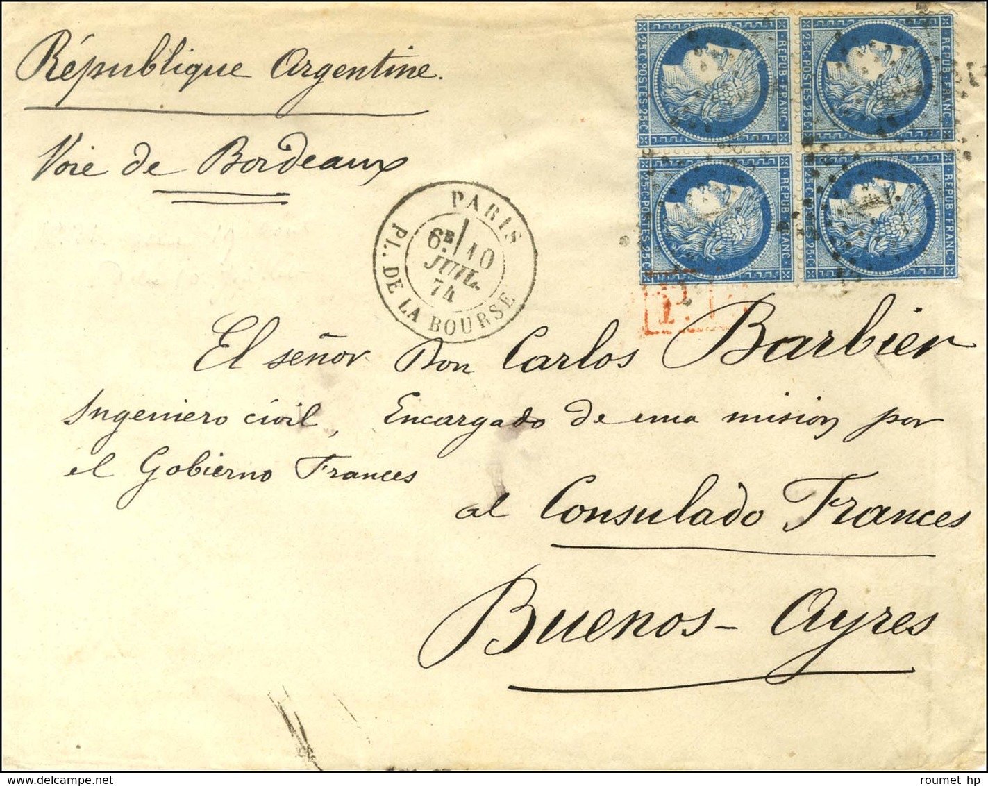 Etoile 1 / N° 60 Type 1 Bloc De 4 Càd PARIS / PL. DE LA BOURSE Sur Lettre Pour Le Consulat De France à Buenos Ayres. 187 - 1871-1875 Cérès