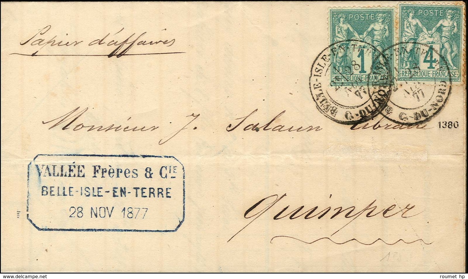 Càd BELLE ISLE EN TERRE / C. DU NORD / N° 61 + N° 63 Sur Papiers D'affaires Au 1er échelon Pour Quimper. 1877. - SUP. -  - 1876-1878 Sage (Type I)