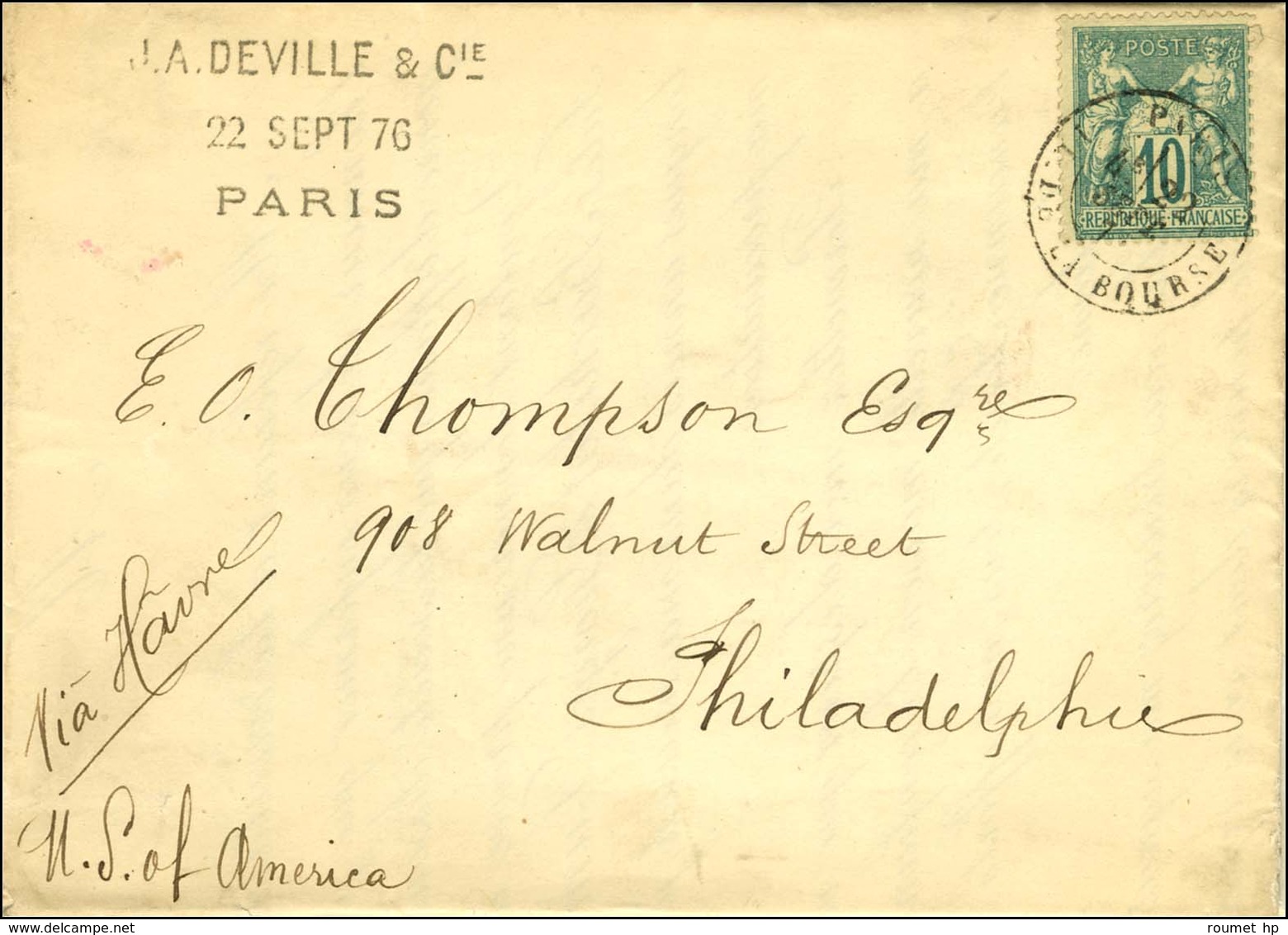 Càd PARIS / PL. DE LA BOURSE / N° 65 Sur Imprimé Complet Pour Philadelphie. 1876. Tarif Du 1er Janvier 1876 : 8c X 50g S - 1876-1878 Sage (Type I)