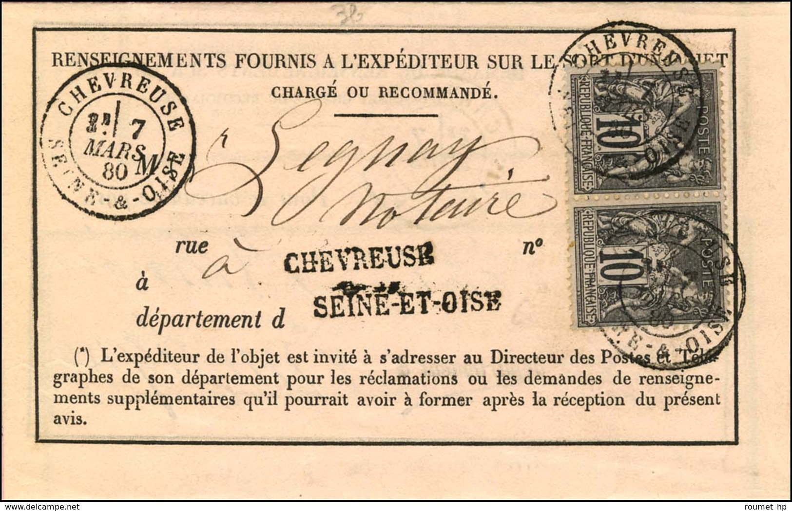 Càd T 18 CHEVREUSE / SEINE ET OISE / N° 89 Paire Sur Avis De Réception (formule 103) Pour PRAIRIE DU ROCHER (Illinois).  - 1876-1878 Sage (Type I)