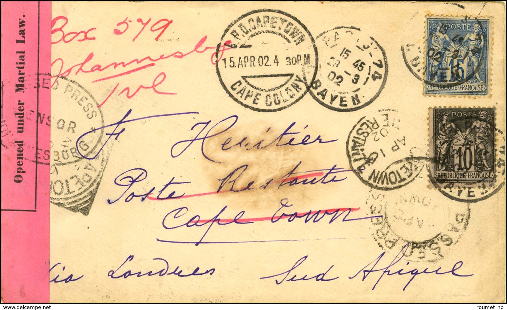 Càd PARIS 74 / R. BAYEN / N° 89 + 90 Sur Lettre Pour Le Cap Réexpédiée à Johannesbourg. En Raison De La Guerre Des Boers - 1876-1878 Sage (Type I)