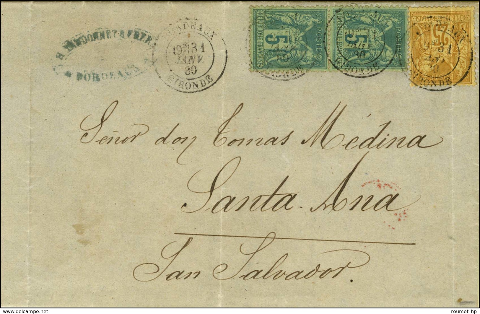 Càd BORDEAUX / GIRONDE / N° 75 (2) + 92 (pli) Sur Lettre Pour Santa Anna (Salvador). 1880. Très Rare Destination. - TB.  - 1876-1878 Sage (Type I)