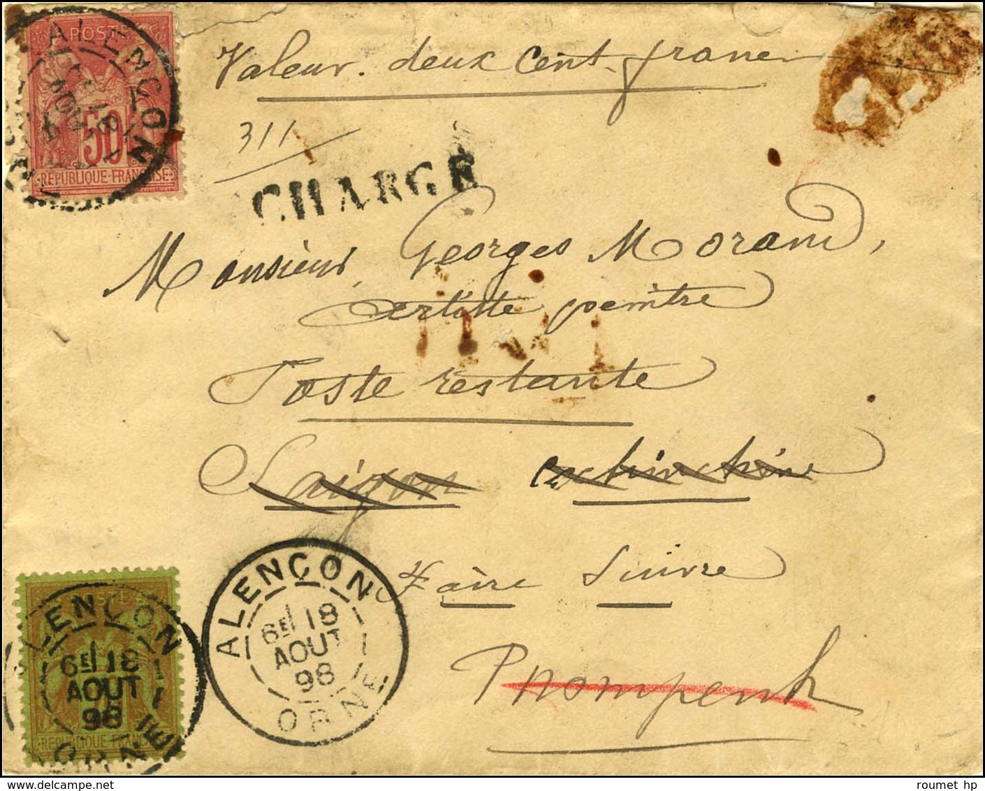 Càd ALENCON / ORNE / N° 96 + 98 Sur Lettre Chargée Adressée à Saigon, Réexpédiée à Phnom Penh. Les Envois Avec Valeur Dé - 1876-1878 Sage (Type I)