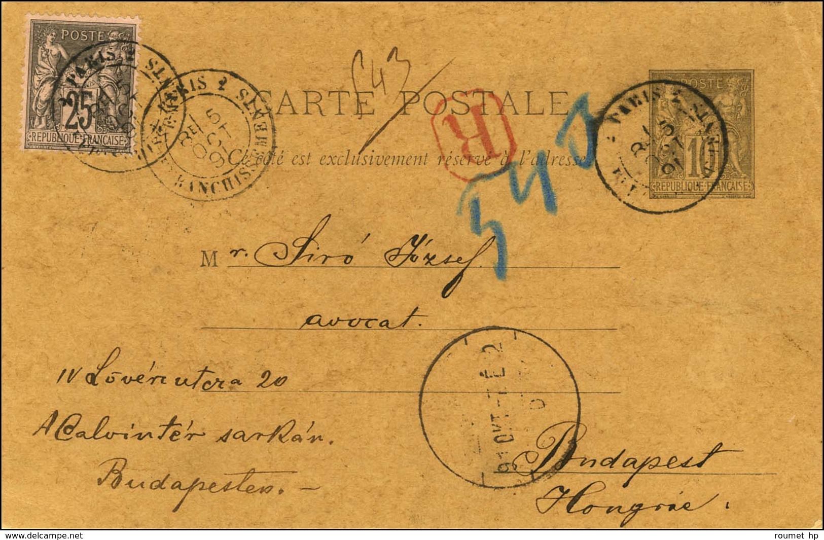 Càd 2 PARIS 2 / AFFRANCHISSEMENTS Sur Entier 10c + N° 90 Recommandé Pour Budapest. 1891. - TB. - R. - 1876-1878 Sage (Type I)