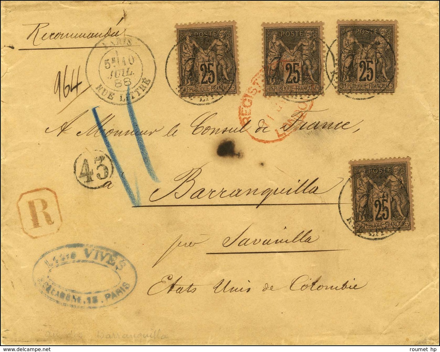 Càd PARIS / RUE LITTRE / N° 97 (4) Sur Lettre Recommandée 3 Ports Pour Barranquilla (Colombie). 1888. - TB / SUP. - R. - 1876-1878 Sage (Type I)